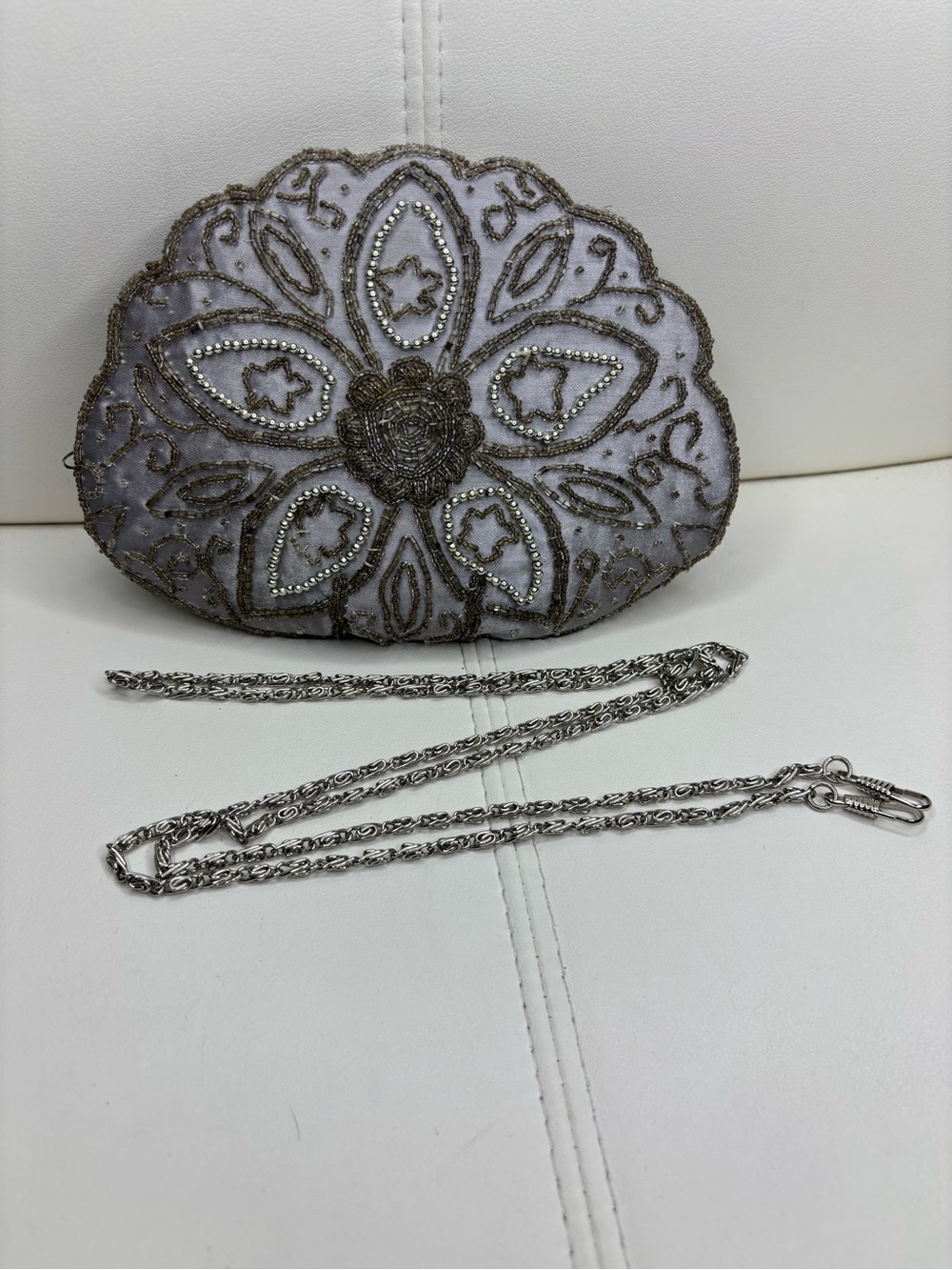 Bijoux Terner Slilver Beaded Floral Evening Clutch with Silver Chain